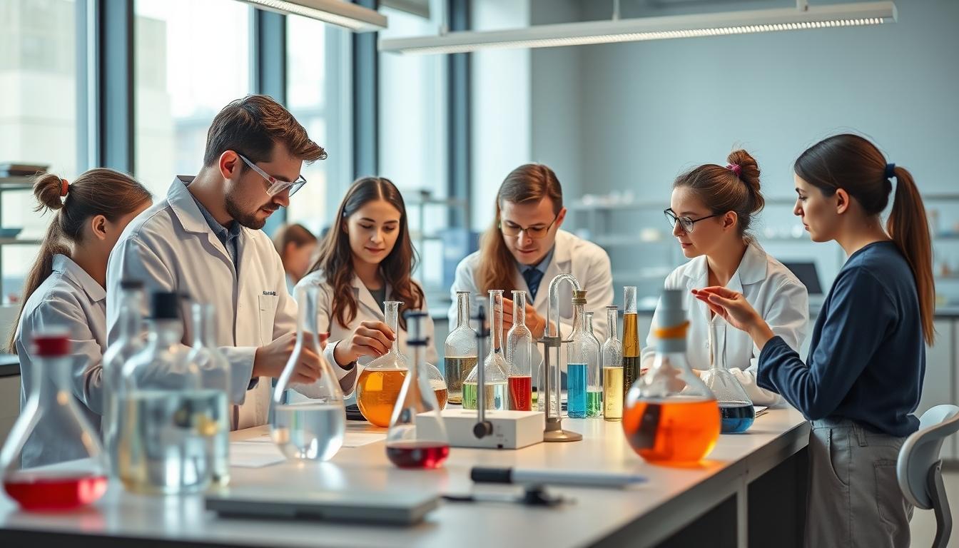 Students studying together in modern classroom